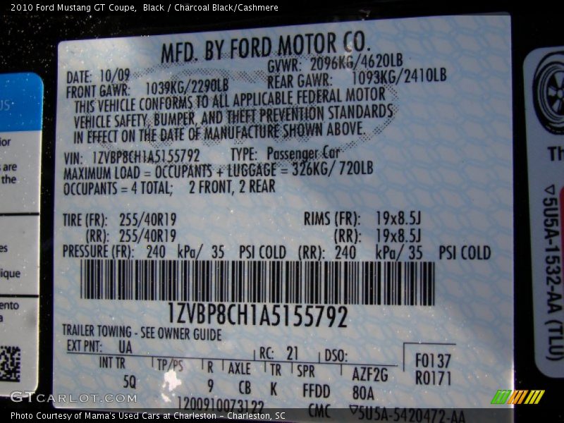 2010 Mustang GT Coupe Black Color Code UA