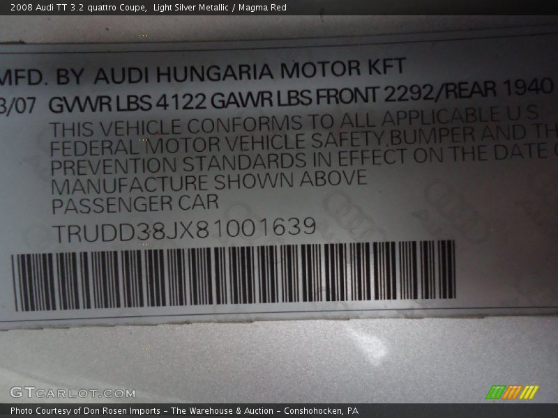 Light Silver Metallic / Magma Red 2008 Audi TT 3.2 quattro Coupe