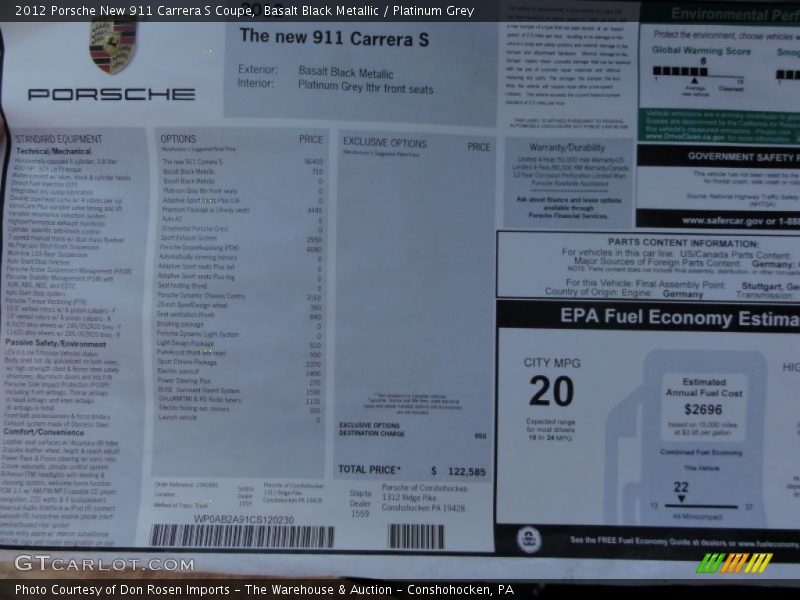 Basalt Black Metallic / Platinum Grey 2012 Porsche New 911 Carrera S Coupe