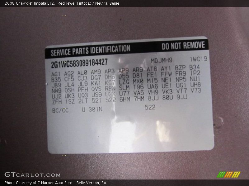 2008 Impala LTZ Red Jewel Tintcoat Color Code 301N