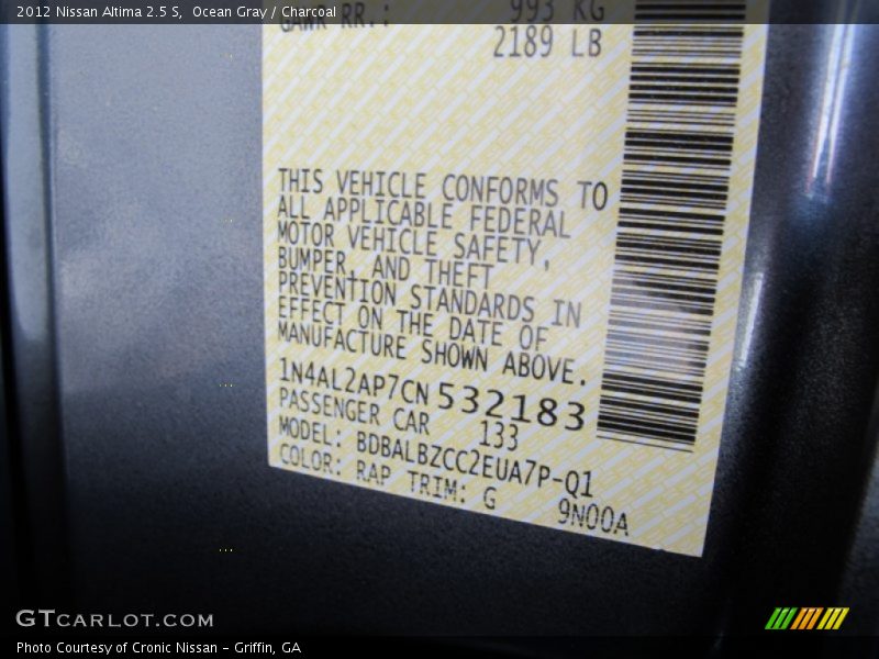 Ocean Gray / Charcoal 2012 Nissan Altima 2.5 S