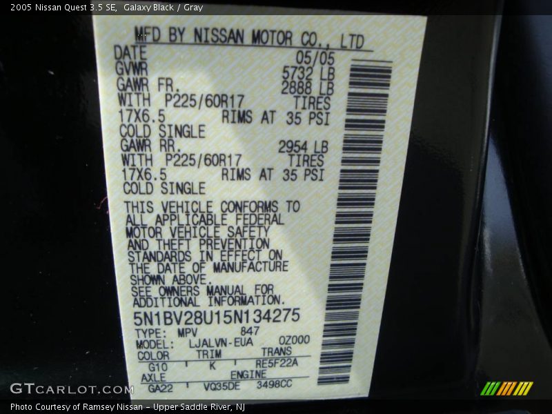 Galaxy Black / Gray 2005 Nissan Quest 3.5 SE