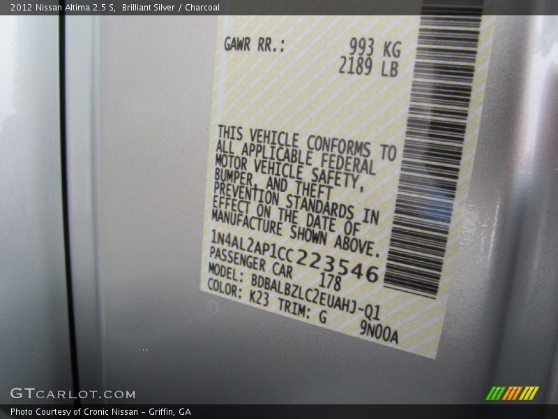 Brilliant Silver / Charcoal 2012 Nissan Altima 2.5 S