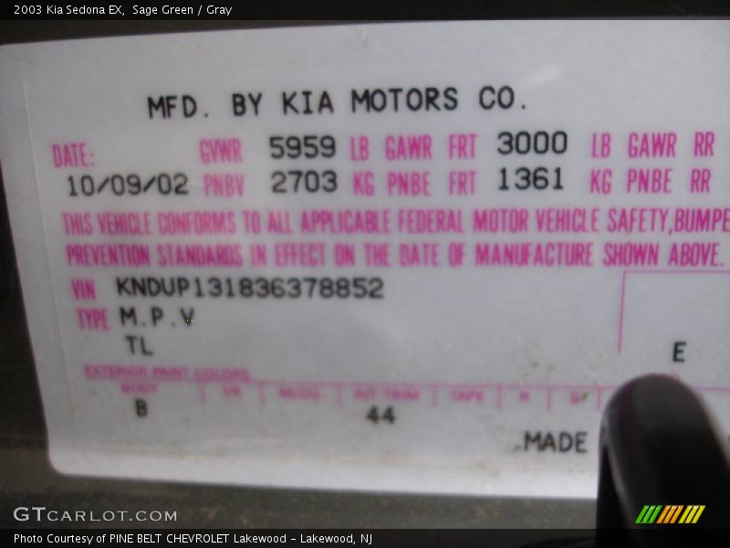 Sage Green / Gray 2003 Kia Sedona EX