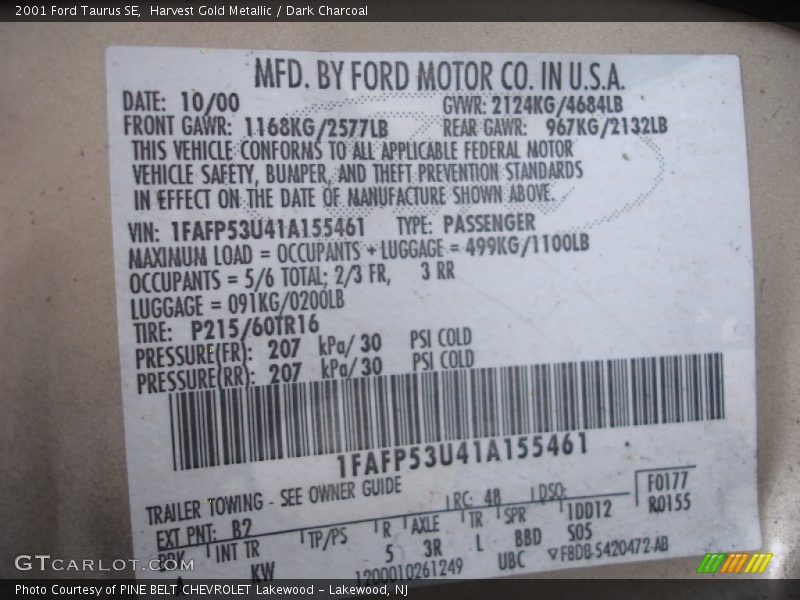 2001 Taurus SE Harvest Gold Metallic Color Code B2