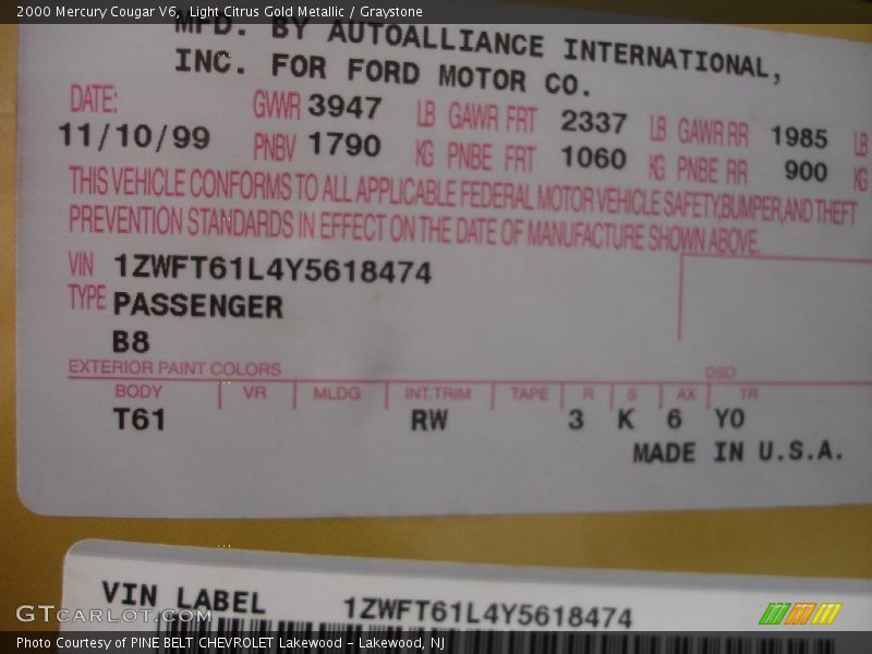 2000 Cougar V6 Light Citrus Gold Metallic Color Code B8