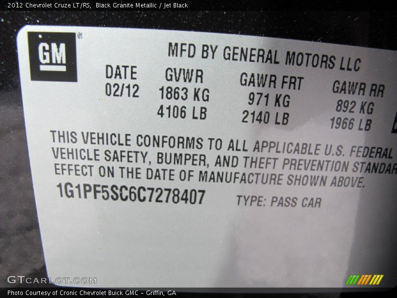 Black Granite Metallic / Jet Black 2012 Chevrolet Cruze LT/RS