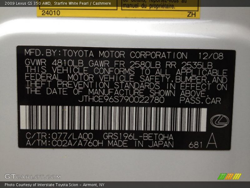 2009 GS 350 AWD Starfire White Pearl Color Code 077