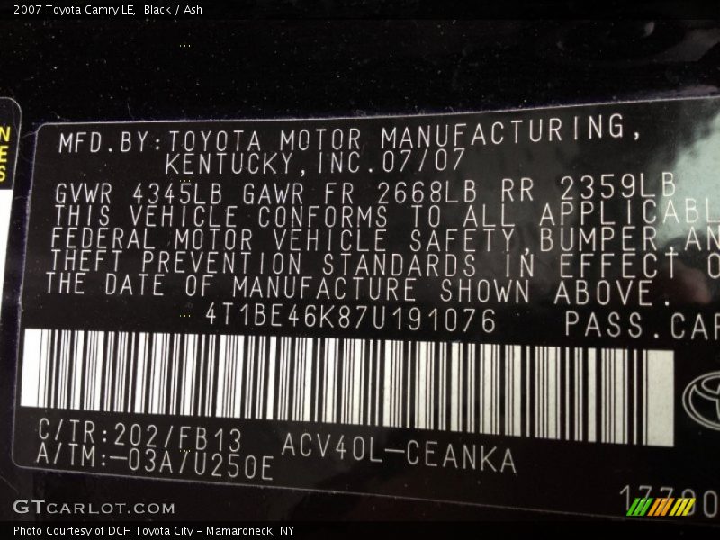 2007 Camry LE Black Color Code 202