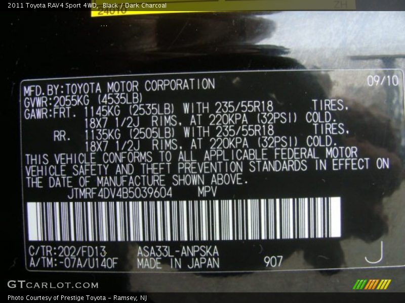 2011 RAV4 Sport 4WD Black Color Code 202