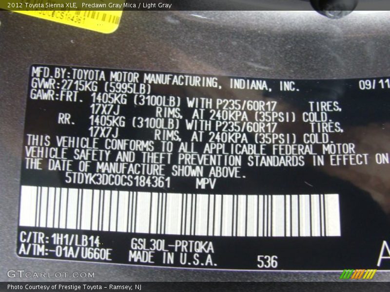 Predawn Gray Mica / Light Gray 2012 Toyota Sienna XLE