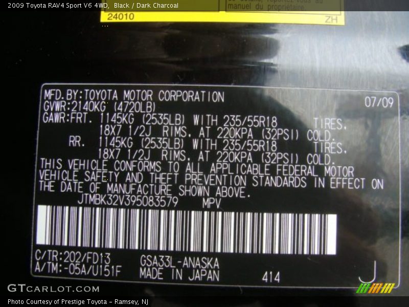 Black / Dark Charcoal 2009 Toyota RAV4 Sport V6 4WD