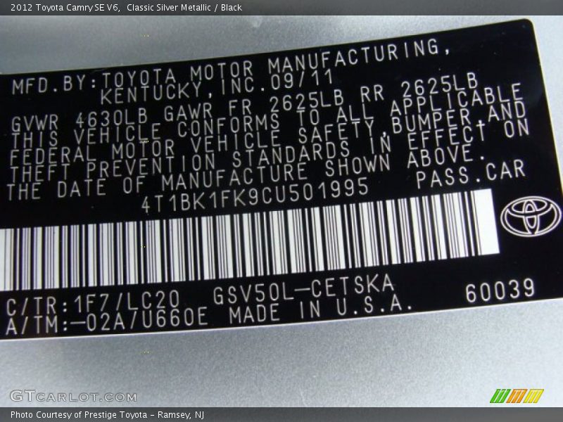 2012 Camry SE V6 Classic Silver Metallic Color Code 1F7