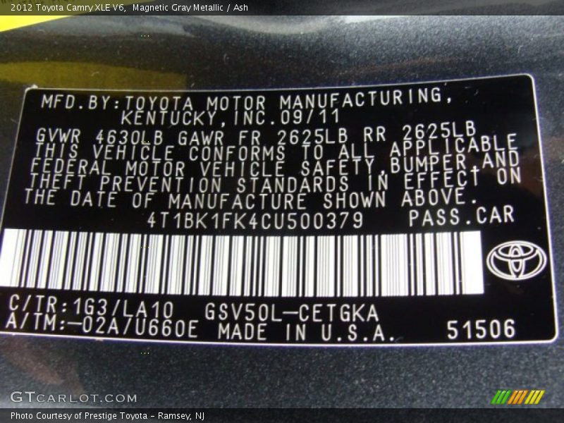 Magnetic Gray Metallic / Ash 2012 Toyota Camry XLE V6