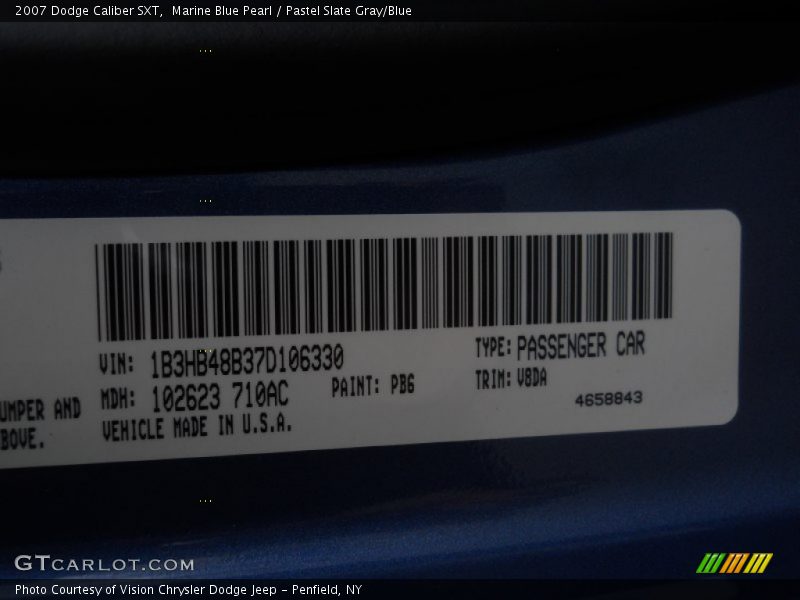 2007 Caliber SXT Marine Blue Pearl Color Code PB6