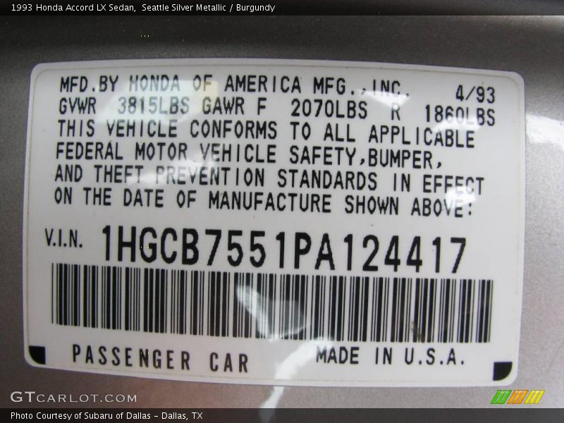 Seattle Silver Metallic / Burgundy 1993 Honda Accord LX Sedan