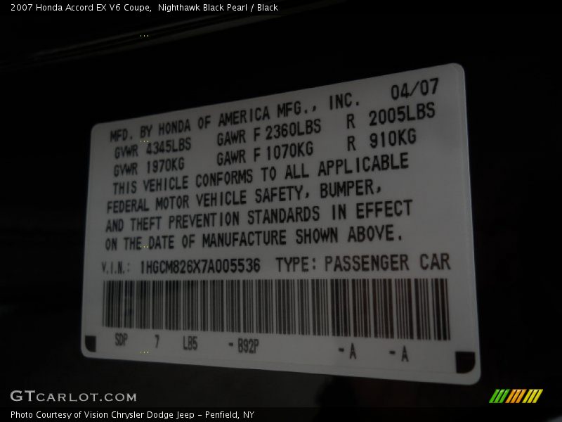 Nighthawk Black Pearl / Black 2007 Honda Accord EX V6 Coupe