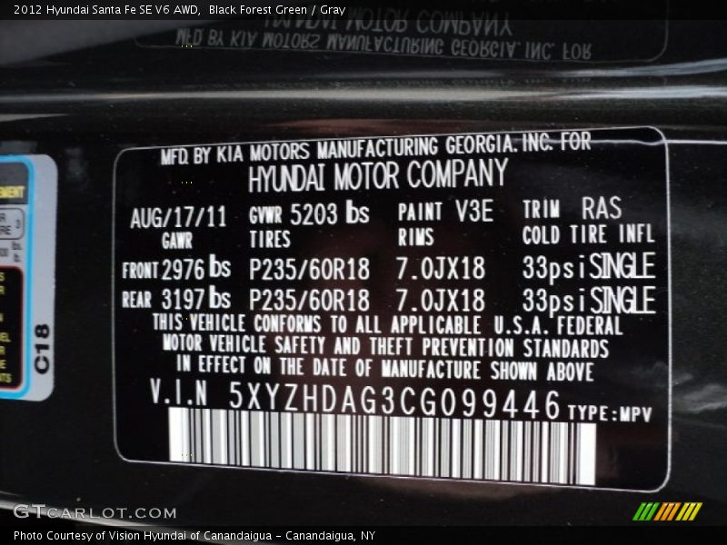 2012 Santa Fe SE V6 AWD Black Forest Green Color Code V3E