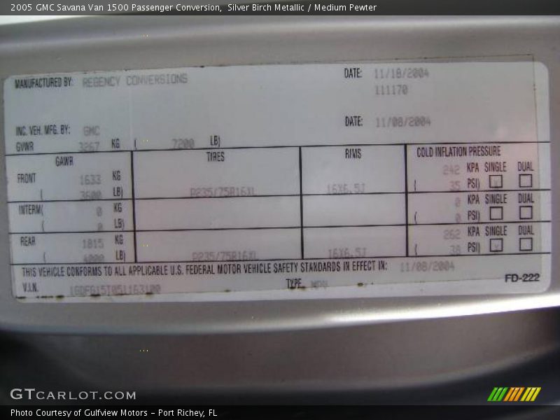 Silver Birch Metallic / Medium Pewter 2005 GMC Savana Van 1500 Passenger Conversion