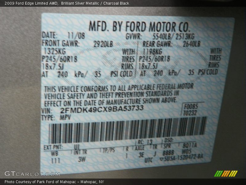 2009 Edge Limited AWD Brilliant Silver Metallic Color Code UI