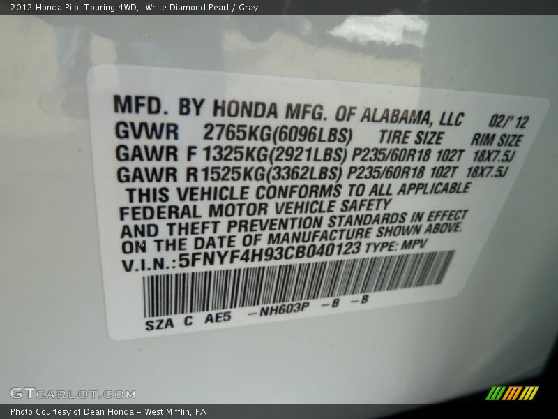 NH603P - 2012 Honda Pilot Touring 4WD