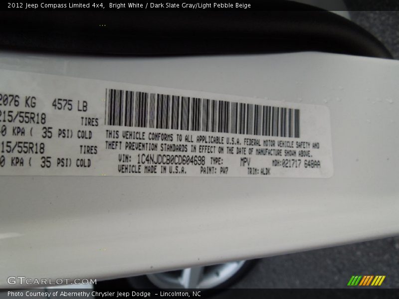 Bright White / Dark Slate Gray/Light Pebble Beige 2012 Jeep Compass Limited 4x4