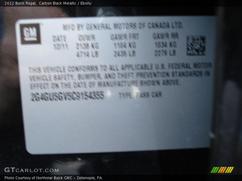 Carbon Black Metallic / Ebony 2012 Buick Regal