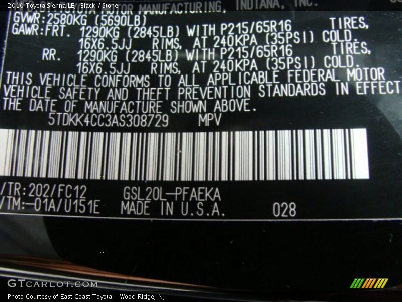 Black / Stone 2010 Toyota Sienna LE