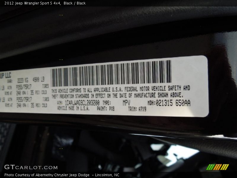 2012 Wrangler Sport S 4x4 Black Color Code PX8
