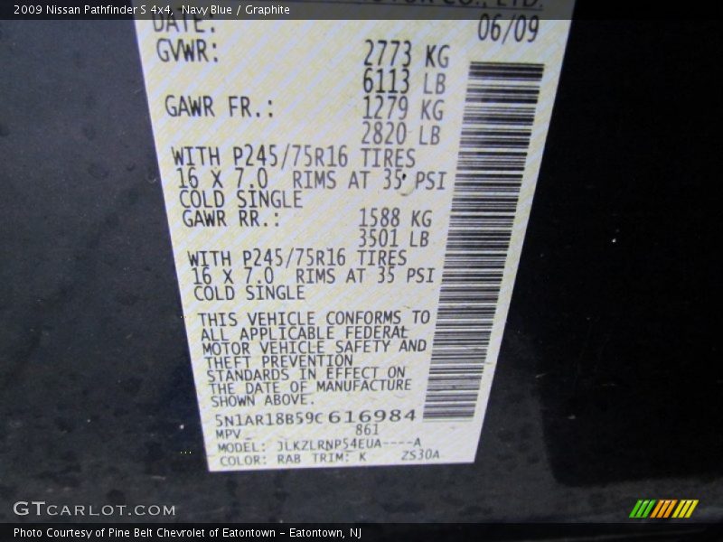2009 Pathfinder S 4x4 Navy Blue Color Code RAB