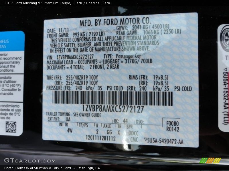 2012 Mustang V6 Premium Coupe Black Color Code UA