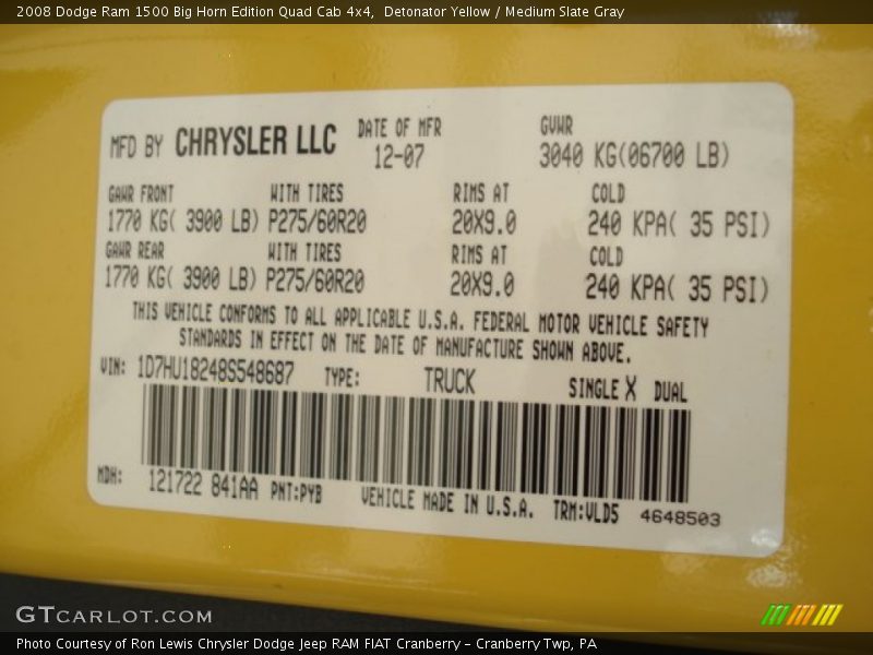 2008 Ram 1500 Big Horn Edition Quad Cab 4x4 Detonator Yellow Color Code PYB