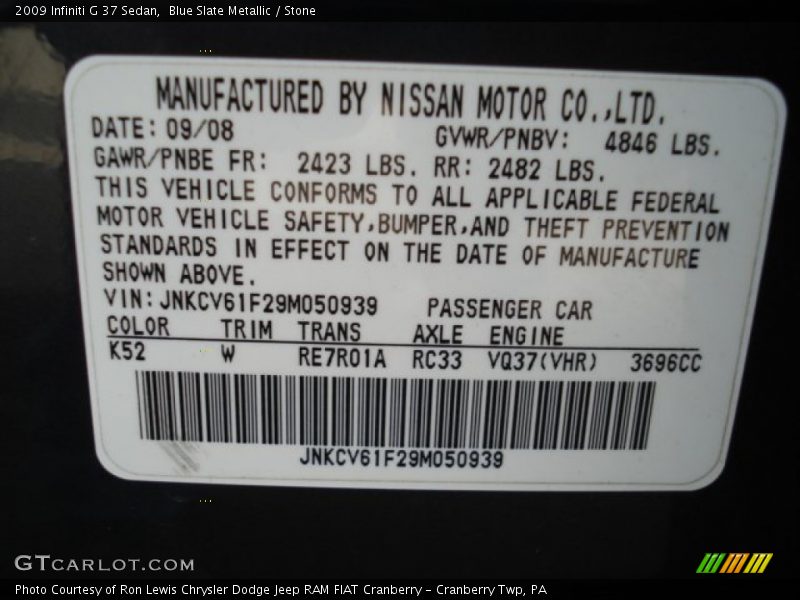 2009 G 37 Sedan Blue Slate Metallic Color Code K52