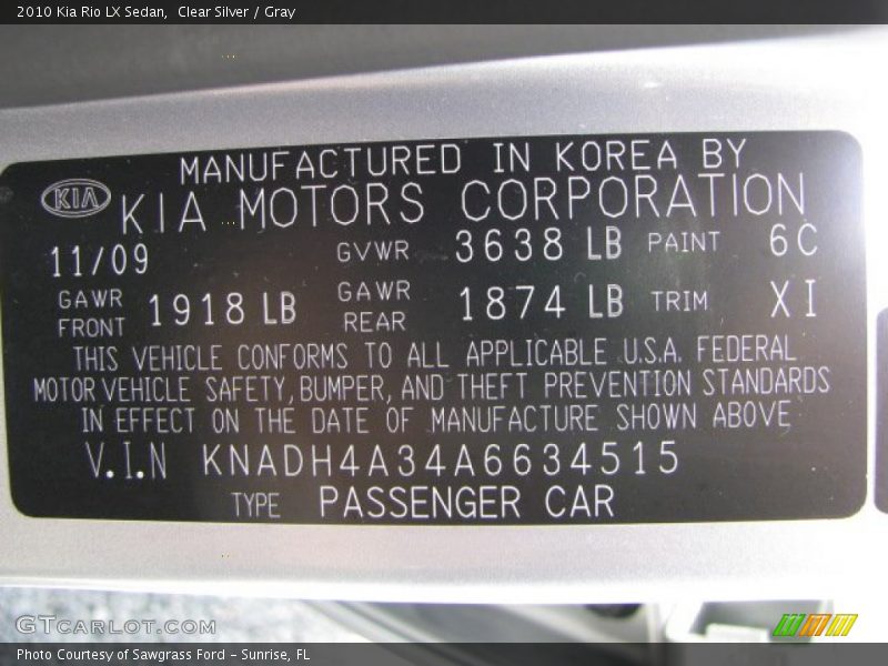 2010 Rio LX Sedan Clear Silver Color Code 6C