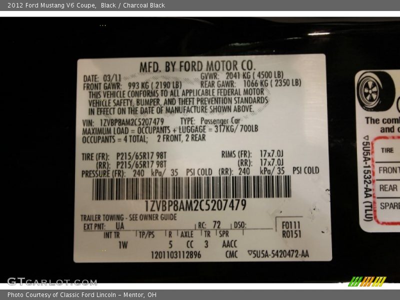 Black / Charcoal Black 2012 Ford Mustang V6 Coupe