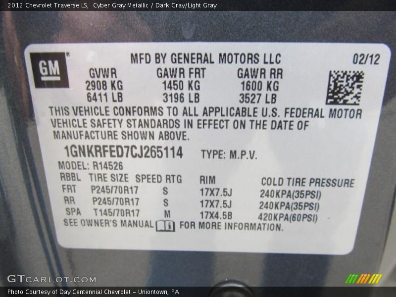 Cyber Gray Metallic / Dark Gray/Light Gray 2012 Chevrolet Traverse LS