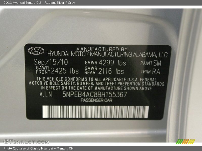 Radiant Silver / Gray 2011 Hyundai Sonata GLS
