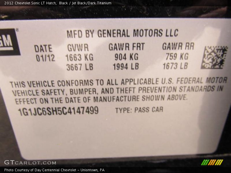 Black / Jet Black/Dark Titanium 2012 Chevrolet Sonic LT Hatch