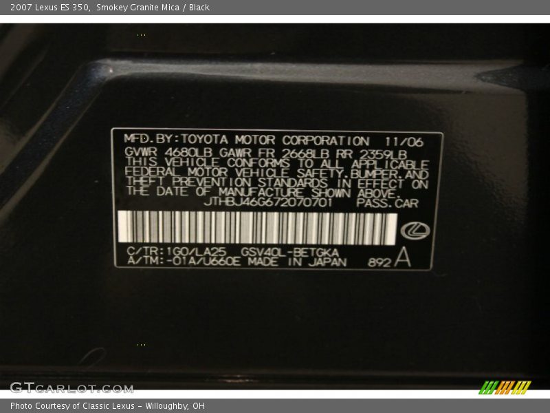 Smokey Granite Mica / Black 2007 Lexus ES 350
