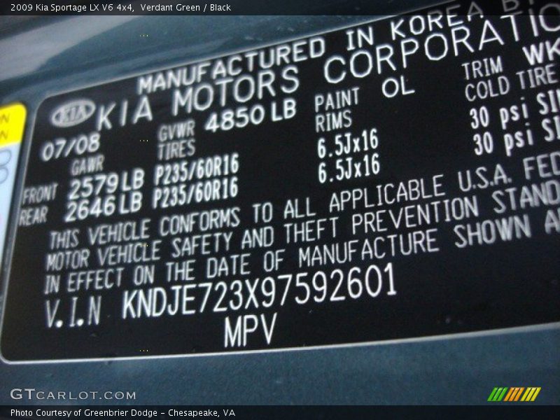 2009 Sportage LX V6 4x4 Verdant Green Color Code 0L