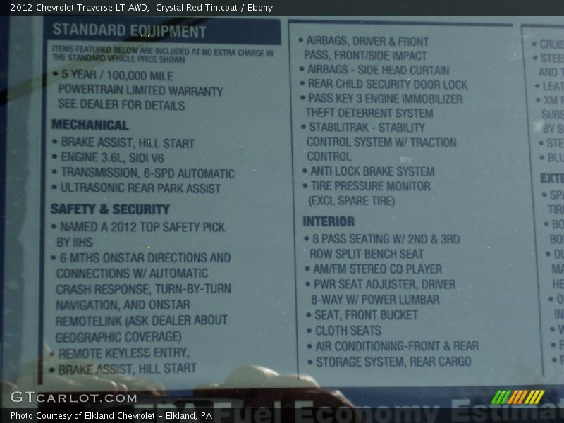  2012 Traverse LT AWD Window Sticker