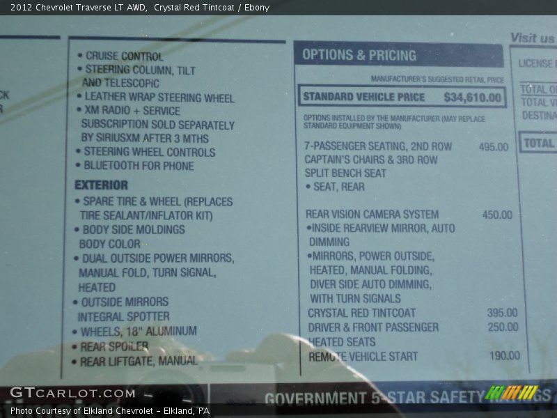  2012 Traverse LT AWD Window Sticker