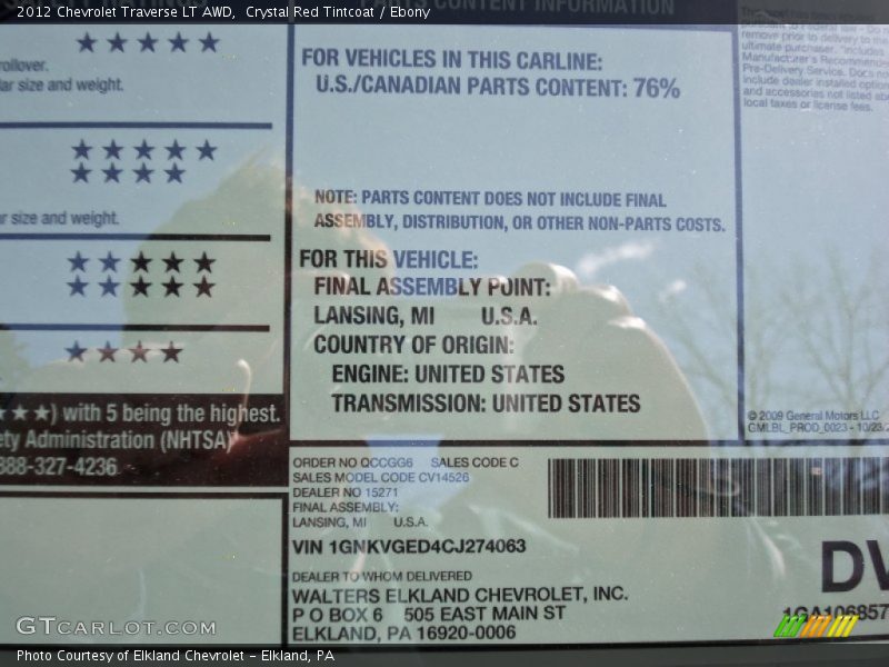  2012 Traverse LT AWD Window Sticker
