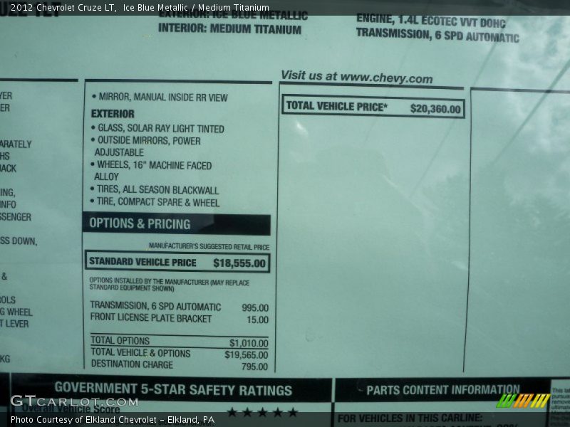 Ice Blue Metallic / Medium Titanium 2012 Chevrolet Cruze LT