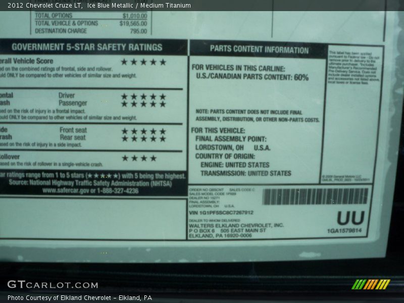 Ice Blue Metallic / Medium Titanium 2012 Chevrolet Cruze LT