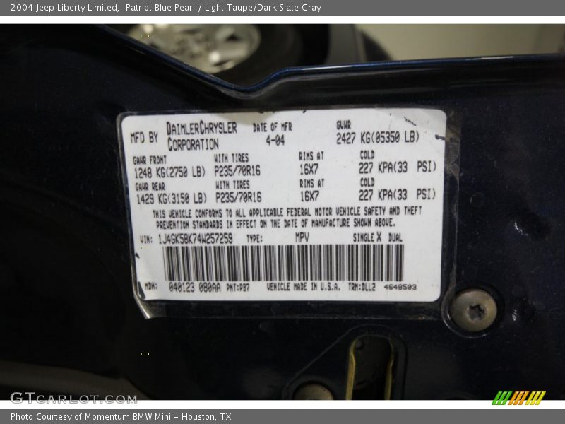 Patriot Blue Pearl / Light Taupe/Dark Slate Gray 2004 Jeep Liberty Limited