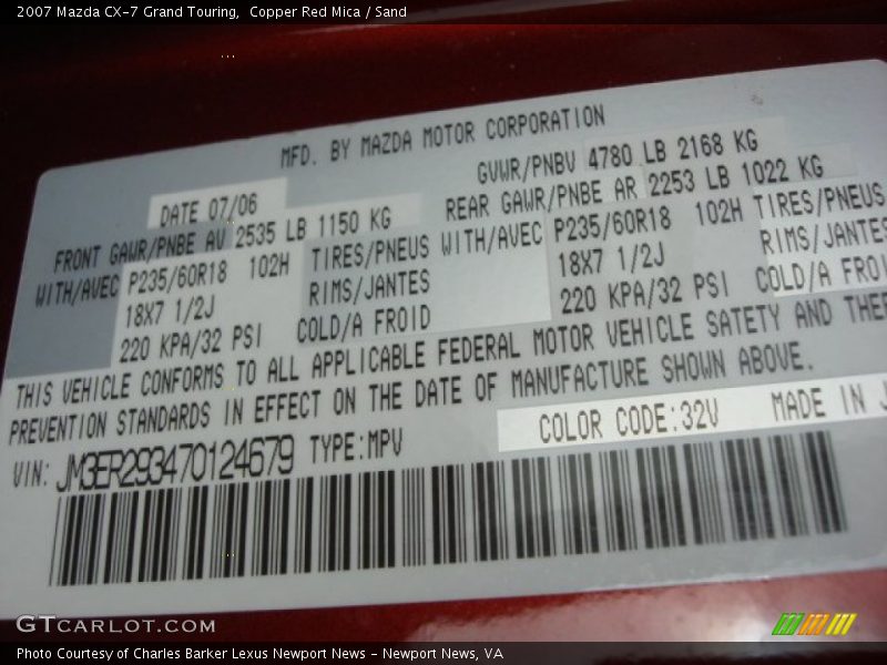 2007 CX-7 Grand Touring Copper Red Mica Color Code 32V