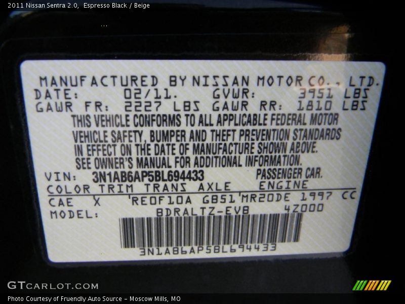 2011 Sentra 2.0 Espresso Black Color Code CAE