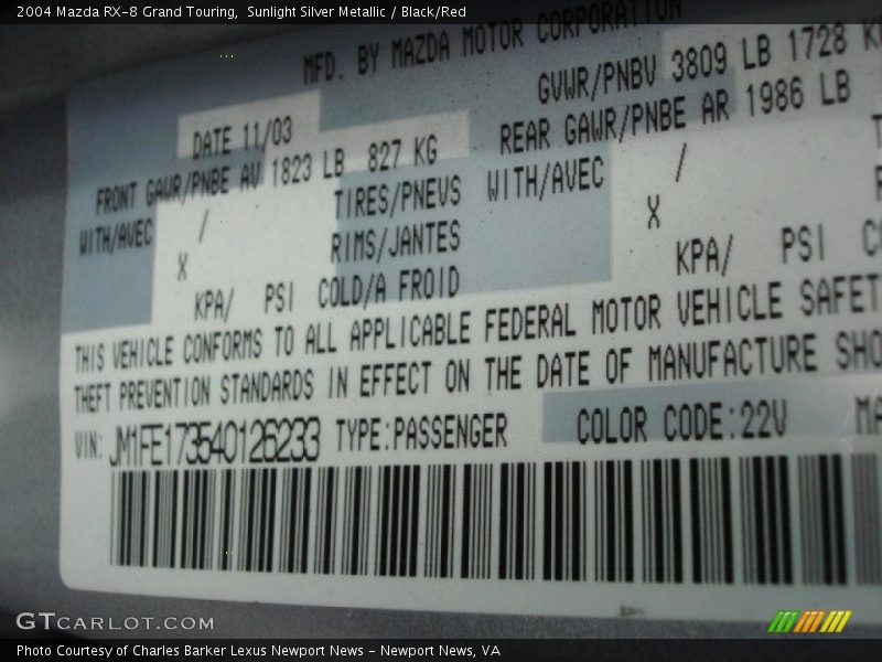 2004 RX-8 Grand Touring Sunlight Silver Metallic Color Code 22V
