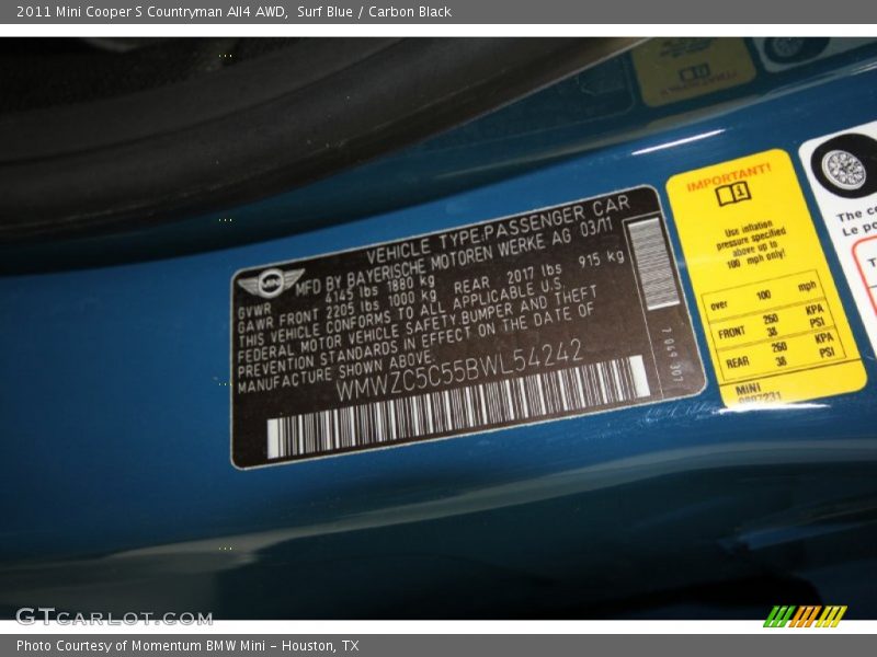 Info Tag of 2011 Cooper S Countryman All4 AWD